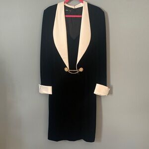 Elegant Black and White Dress with Gold Accent Tuxedo Dress Velvet Size 16